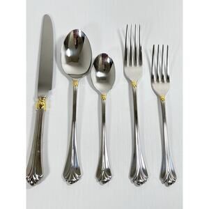 Vtg Mikasa Lyons Gold Accents 5 Piece Stainless 18-8 Steel Place Setting Japan